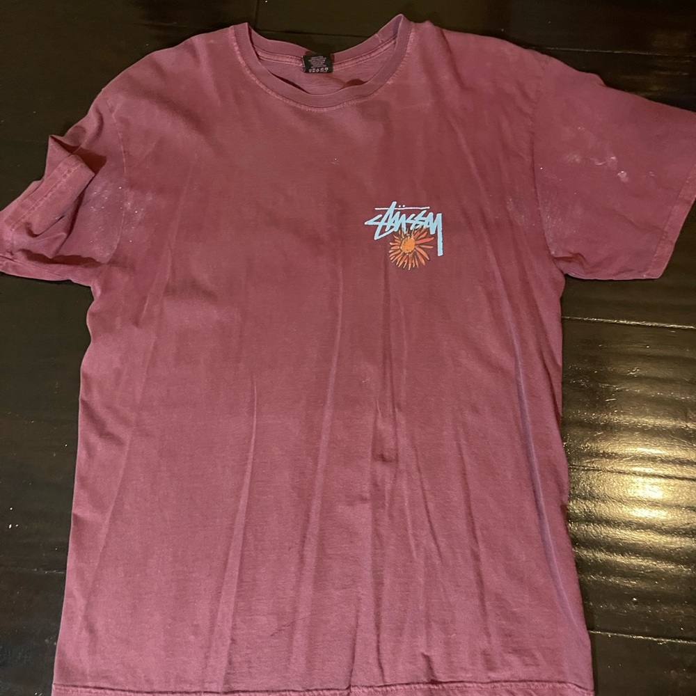 Stussy Maroon Short Sleeve Tee with Colorful Graphic